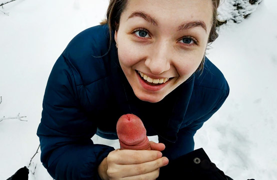 Walk in snowy forest turned into choking on hot cum