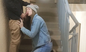 Girlfriend loves to suck on public stairs until cumshot