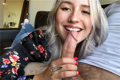 Beautiful blonde gives happy blowjob