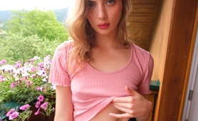 Risky blowjob on balcony with pretty blonde