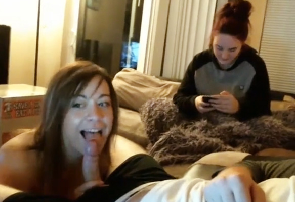 Girl gives blowjob when roommate is in the room