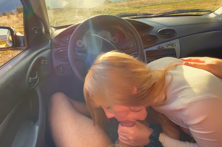 Sloppy blowjob inside the car in nature