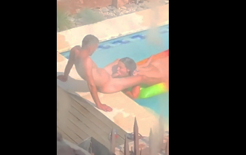 Young couple caught by the pool while sucks cock