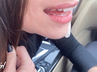 Horny girl driver swallows random guy's cock in car.